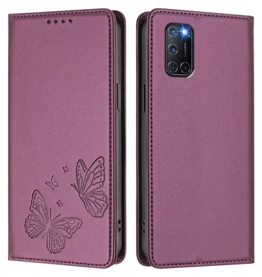 Image de Étui en cuir pour Oppo A52 / A92 / A72 4G, motif papillon en relief, étui à rabat avec fonction support, violet