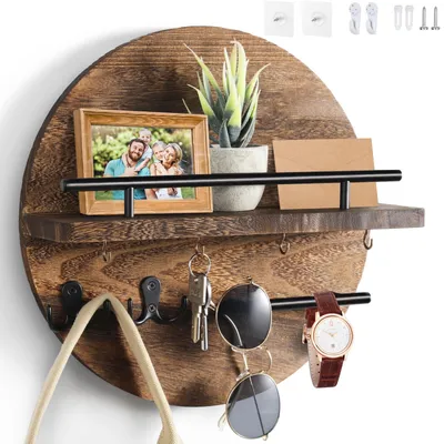 Produktbild von Vintage Schlüsselbrett aus Holz mit Ablage, rund, braun