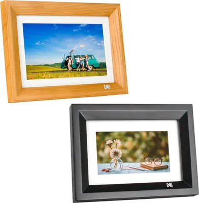 Two digital photo frames, one with a wooden frame and another with a black frame, are displayed against a white background.