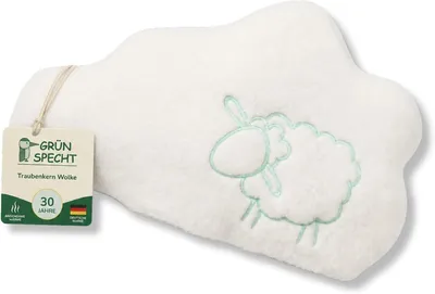 Productafbeelding van Warmtekussen voor baby's en peuters, gevuld met druivenpitvulling, voor verlichting van gasvorming en buikpijn. Met zachte, witte en groene afbeelding van schapen. (183-V4)