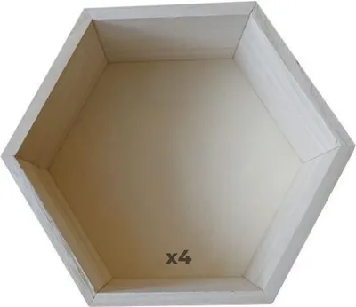 A hexagonal wooden shelf is shown from a top-down perspective against a white background.