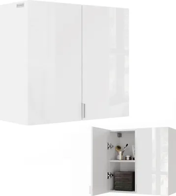 Produktbild von PLATAN ROOM 2 TLG.-Set Badezimmerschrank 60H x 60(2 x 30)B x 25T cm Badschrank Hängeschrank  mit Soft-Close Funktion Badezimmermöbel Hochschrank Weiß Hochglanz