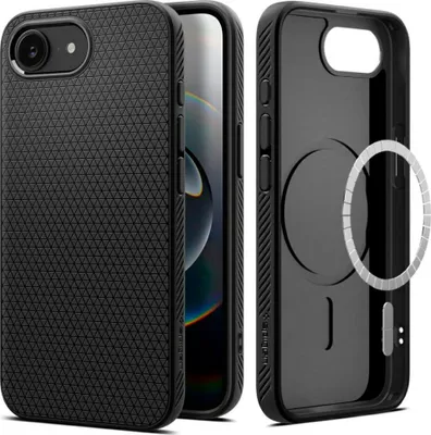 A black iPhone case is shown from two angles, with the inside of one case revealed to show a magnetic ring.