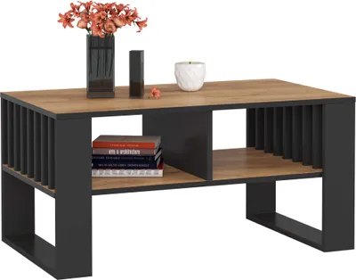 A coffee table with decorative items on top, presented on a white background.