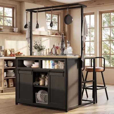 Produktbild von STILVORA Küchenschrank mit Arbeitsplatte und Stromanschluss, Kücheninselschrank 183 cm hoch mit Hängeregal, Küchenmöbel für Küche & Esszimmer