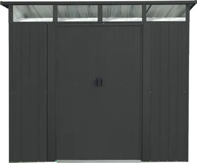 Front view of a dark gray metal shed with double doors and a translucent roof.