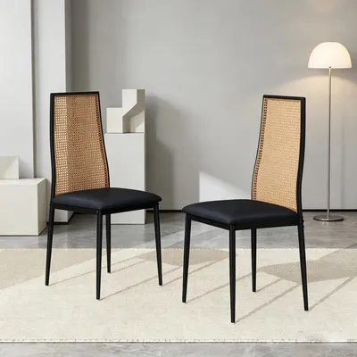 Immagine prodotto di INONEFT - 2 sedie da pranzo, sedia da bistrot con schienale in rattan e PU, sedia, sedie da pranzo, nero