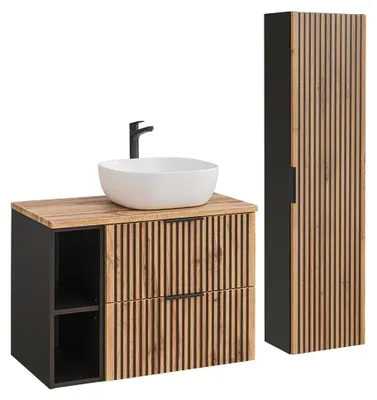 Produktbild von Waschtisch und Hängesäule 80.6cm Gaia mit 2 Schubladen, Eichenoptik und Schwarz