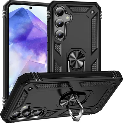 A black protective phone case with a ring stand is displayed from multiple angles, with a smartphone screen visible in the background.