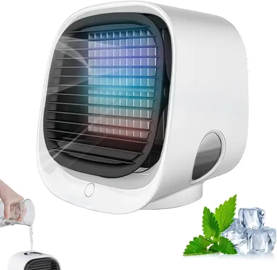 Produktbild von Mini Verdunstungskühler mit Luftbefeuchter, leiser USB Luftkühler mit LED Nachtlicht und 3 Windstufen für Schlafzimmer