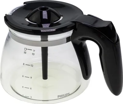 A glass coffee pot with a black lid and handle.