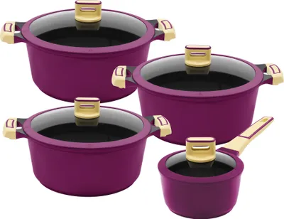 A set of four purple pots and pans with glass lids and beige handles and knobs, arranged on a white background.