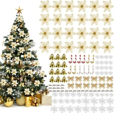 Produktbild von 120 Stücks Weihnachtsblumen-Set Christbaum-Deko-Anhänger Weihnachts-Schmetterlingsknoten-Glocke, Farbe: Gold
