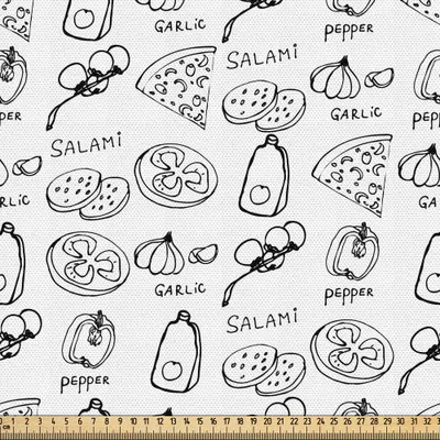 Image de ABAKUHAUS Italie Tissu au mètre, croquis monochrome simple dessiné à la main Ingrédients nécessaires pour une pizza, 1 m (148 x 100 cm), blanc et gris foncé