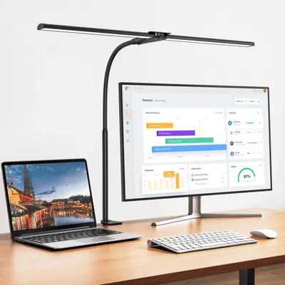 Zdjęcie produktu dla Lampa biurkowa LED, ściemnialna, 1200 lm, podwójna głowica z zaciskiem, czarna