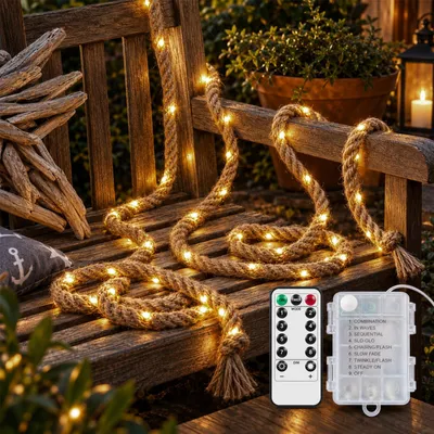 Henneptouw-Lichtkette 3 m, 60 LEDs, warmweiß, batteriebetrieben