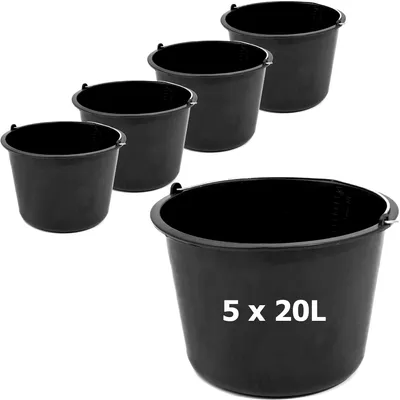 Productafbeelding van Bouwemmer, mortelbak, 5 stuks. Mortel emmers, 20 liter. Bouwplaats, pleisteremmer, 36,5 cm. Cementemmer, zwart. Emmer, wateremmer