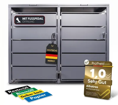 Produktbild von Mülltonnenbox 2er mit Pedal, 120L bis 240L, für Zwei Tonnen, Metallverkleidung aus verzinktem Stahl, Anthrazit Grau RAL7016