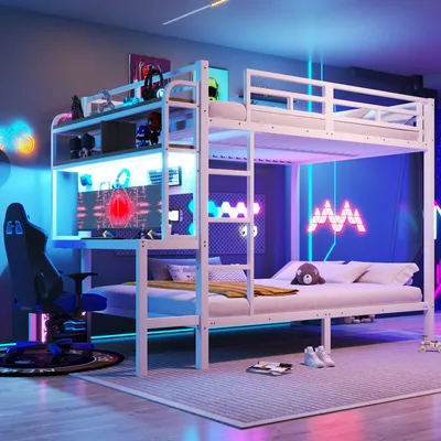 Produktbild von Merax Etagenbett 140x200 cm, mit Schreibtisch, LED & USB, Sicherheitsgeländer, Leiter, Bücherregal, Kinderbett, Jugendbett, Metall Stockbett, Weiß
