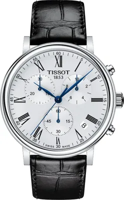 A close-up studio shot of a Tissot chronograph watch with a white dial and a black leather strap.