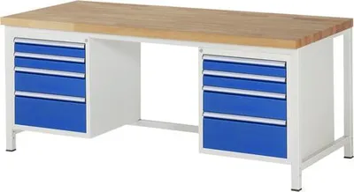 Produktbild von Werkbank mit 8 Schubladen - Vollauszug - 90:4 / 150:2 / 210:2 - höhenverstellbar 840-1.040 mm - 2.000 x 900 mm (BxT) - Traglast 1.250 kg - Buche