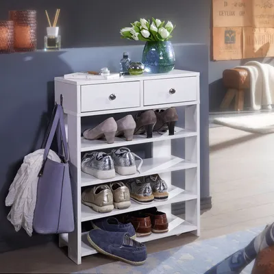 Produktbild von FineBuy Design Schuhregal 60 x 79 x 24 cm Flurregal Weiß Regal mit zwei Schubladen Hohes Standregal mit 4 Fächern
