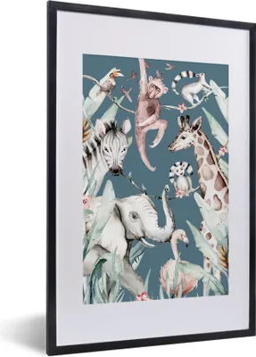 Produktbild von MuchoWow® MuchoWow® Gerahmtes Poster Aquarellieren - Tiere - Dschungel - Jungen - Blau - Kinder 40x60 cm - Poster mit zchwarzem Bilderrahmen - Poster in Rahmen