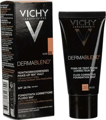 A product shot of Vichy Dermablend foundation packaging and tube.