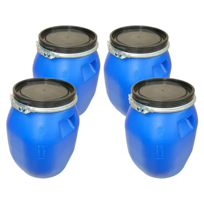 Four blue plastic barrels with black lids and silver clasps are arranged in a grid on a white background.