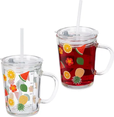 Produktbild von Relaxdays Kindergläser 2er Set, Früchte-Motiv, Trinkglas Kinder, Henkel, Deckel & Strohhalm, 400 ml Skala, transparent