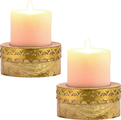 Produktbild von 2er Set Boho Deko Teelichthalter Kerzenständer aus Holz Halid