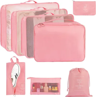 Imagen del producto de Set de organizadores de viaje, 8 cubos de embalaje ligeros, color rosa, para maletas y ropa