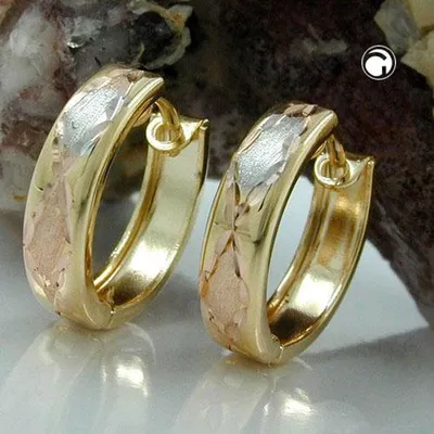 Produktbild von Creole Ohrring 12x3mm Klappscharnier tricolor diamantiert 9Kt GOLD