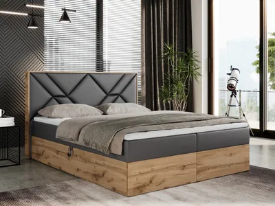 Produktbild von Boxspringbett 120x200 mit Bettkasten, Polsterbett 120x200 mit Matratze H4, Boxspringbett 120x200 mit Kopfteil, Boxspringbett mit Massivholz - Gunar - Dunkelgrau Kunstleder - H4