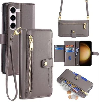 Produktbild von Handykette Samsung Hülle mit Band Handyhülle Kartenfächer Kunstleder Umhängetasche Galaxy S23+ Grau