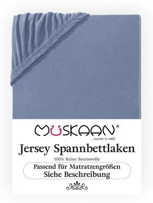 Produktbild von Müskaan Jersey Spannbettlaken 180x200 - 200x220 rauchblau für Boxspringbett und Wasserbett Bettlaken 100% Baumwolle