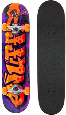 A skateboard and its grip tape side are shown against a white background.