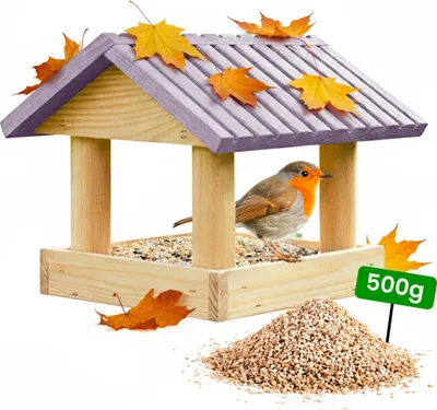Obrázok produktu pre PATKAR Vtáčia búdka na zavesenie – kŕmidlo pre vtáky – kŕmidlo pre voľne žijúce vtáky – balkónový vták – 26 x 24 cm – z borovicového dreva + 500 g krmiva