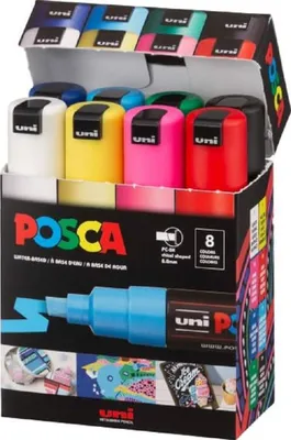 POSCA Marker-Set, 8 Stifte, Keilspitze, Grundfarben