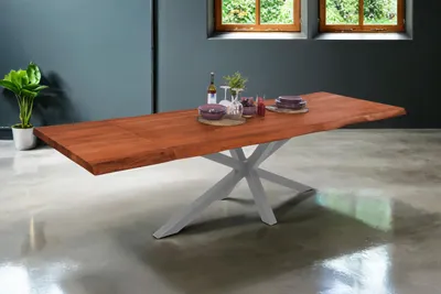 Produktbild von Esstisch Baumkante Akazie nuss 200 (300) x 100 Spider-Gestell silber mit Ansteckplatten CALI, KI-generiertes Bild