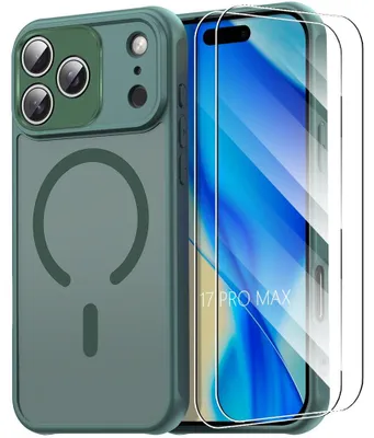 Image de Coque + 2 Verres Trempés pour iPhone 17 Pro Max, avec Anneau Magnétique et Protection Caméra - Vert Nuit