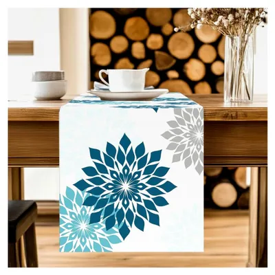 Produktbild von Tischläufer mit Blumen- und Dahlienmotiv, saisonale Sommerdekoration für Küche und Tisch, 33x183 cm