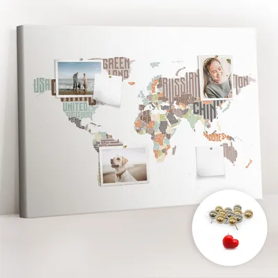 Obrázek produktu pro Korková nástěnka s kolíčky - Tabule s kolíky pro fotografie a poznámky - 100x70 cm - Připínáčky kovové 100 kusů - Mapa z barevných písmen