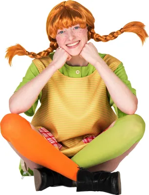 A person dressed as Pippi Longstocking sits cross-legged against a white background.