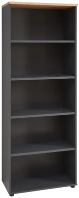 Büroregal MEMPHIS GH03 75 cm mit graphitfarbenem Korpus, Artisan-Eiche-Oberboden und fünf offenen Fachböden, Gesamtansicht.