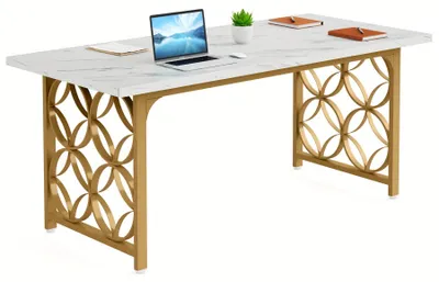 Imagen del producto de Mesa de conferencias - Mesa de reuniones - Escritorio - Mesa de encuentro - Mesa de trabajo - Blanca con detalles dorados