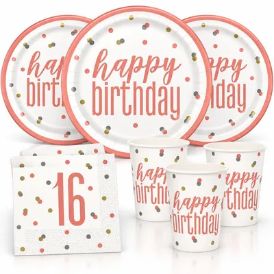Produktbild von 16. Geburtstag Partyset Einweggeschirr roségold 48 tlg. Partygeschirr Teller Becher Servietten