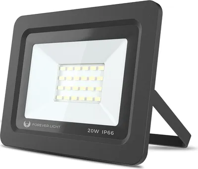 A black LED floodlight with a white light panel, shown from a slightly angled front view on a white background.