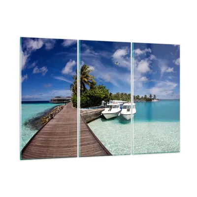 Produktbild von Bilder auf glas - Maledische Insel Archipel Ozean Hütte - 105x70cm - Glasbilder - Wandbilder - Kunstdruck - Wanddekoration aus Glas - Glas Bilder - Wandbild auf Glas - GCE105x70-0436