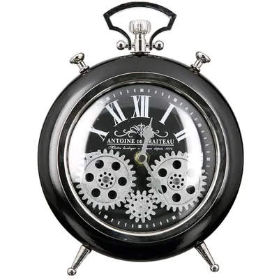 Immagine prodotto di Gilde Stand-/ Tischuhr, rund, "Transmission", Zahnrädermotiv, Glas, Metall, schwarz, VE 1, L. 5.5 cm, B. 18.5 cm, H. 25 cm 50334 4001250503347